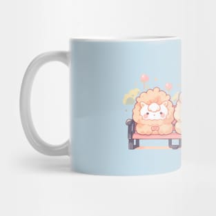 Bench Buddies: Three Llamas Embracing Cuteness in Kawaii Style Mug